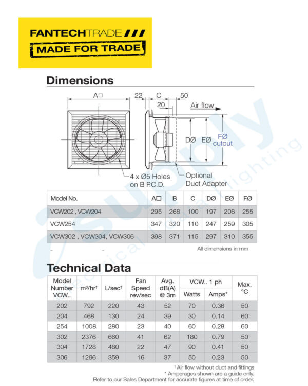 FANTECHTRADE Vogue Series Commercial 200mm 4 pole wall/ceiling fan FANVCW204