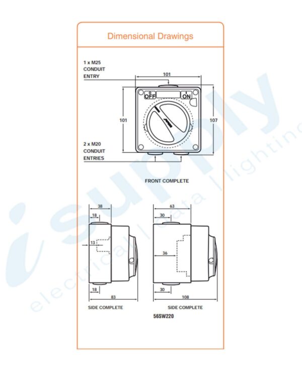 PULSET Two Phase Square Surface Switch 20 Amp Resistive Orange IP/S2P20/RO - Image 3