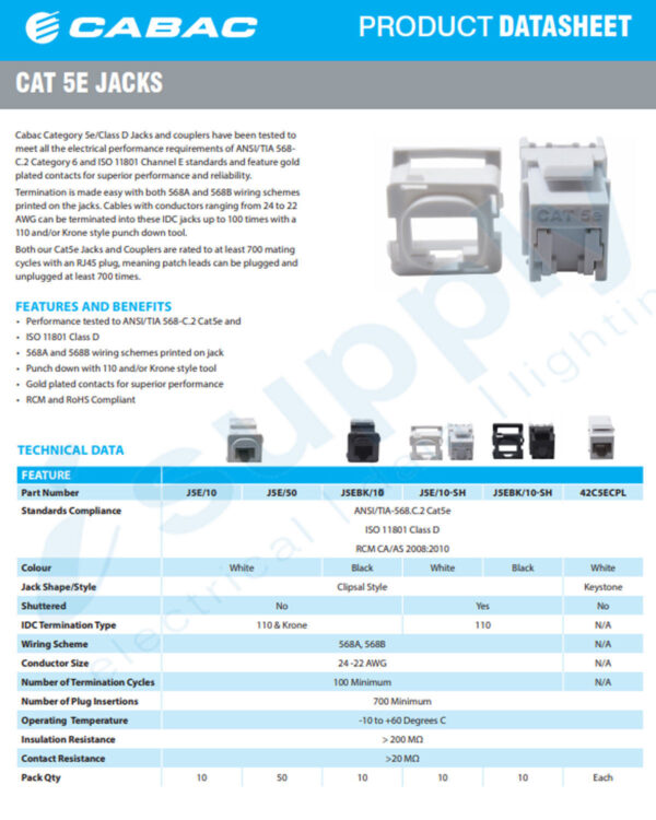 CLIPSAL Compatible CABAC 50 x JACK CAT5E K/110 J5E/50 - Image 3