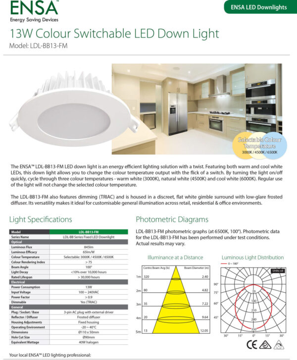 ENSA 13W Residential Fixed Switchable Colour LED Dimmable Downlight LDL-BB13-FM - Image 2