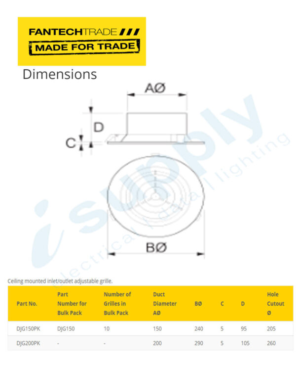 FANTECHTRADE 150mm DJG plaster mount ceiling grille FANDJG150PK