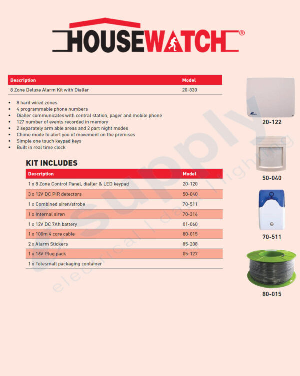 HOUSEWATCH ALARM KIT WITH DIALLER, 8 ZONE, 3 SENSORS APARTMENT KIT 20-830 - Image 2