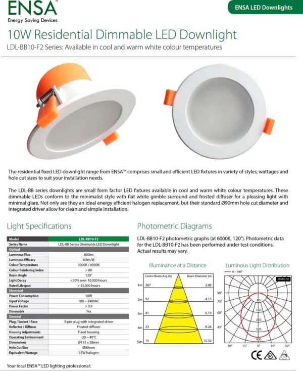 ENSA 10W Residential Fixed LED Dimmable Downlight (6000K) LDL-BB10-FC2 - Image 3