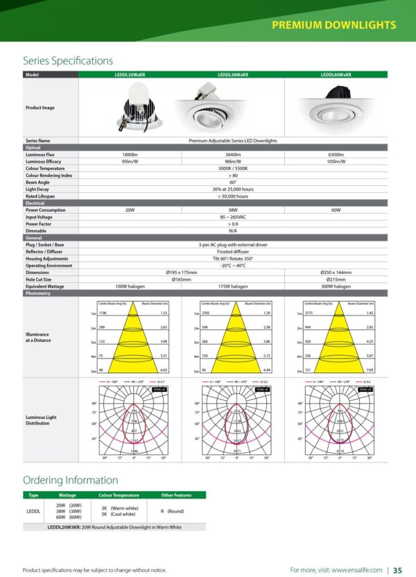 ENSA 20W Premium Dimmable Fixed LED Downlight (3000K) LEDDL20W3K6RD - Image 4