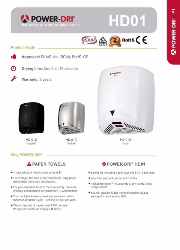 POWER DRI High Speed Automatic Hand Dryer Black HD-01B