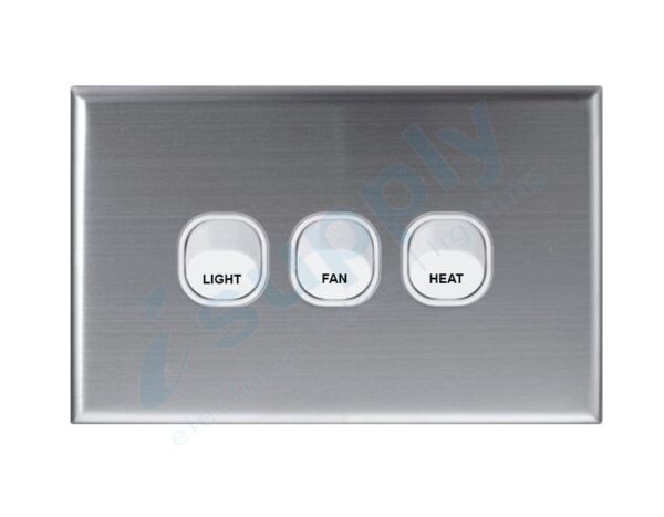 DEXTON 3 Gang Wall Switch – LIGHT FAN HEAT – Stainless Steel Cover DXWS/LFH/ASC