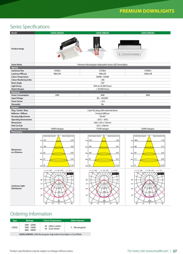 ENSA 38W Premium Rectangular Adjustable LED Downlight (3000K) LEDDL38W3KS - Image 4